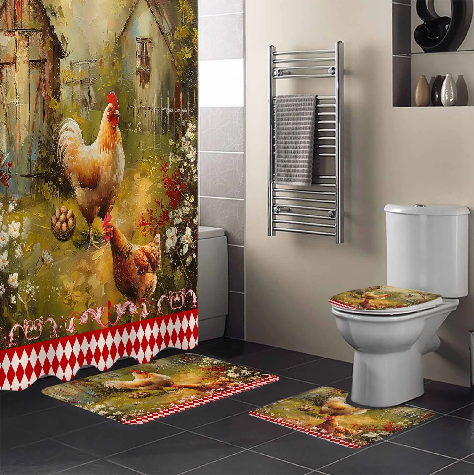 Retro Country Farm Hen Shower Curtain Set Non-Slip Rugs Bath Mat Toilet Lid Cover Waterproof Bathroom Curtain