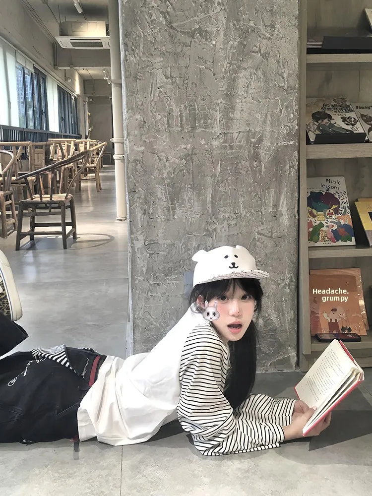 الرجعية الأمريكية مخطط طويل Sve تي شيرت المرأة فضفاضة عادية الخريف قاعدة طبقة علوية القطن النسيج النقي oulder الإدراج