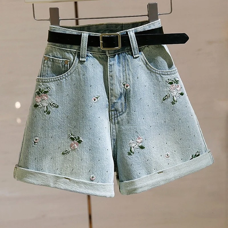 

Женские джинсовые шорты с вышивкой цветов, лето 2026, повседневные, с карманами, с высокой талией, стройнящие, синие, с термостразами