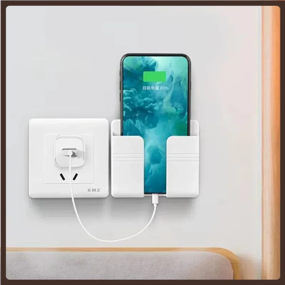 Wall Mobile Phone Holder Plug Phone Charging Stand Remote Control Storage Box Bracket Punch-Free Mounted Organizer Holders