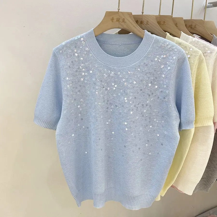 Sweet Trends Sequin Knitted Pullover Women Short-Sleeve T-Shirt Lightweight Sweater Design Top Y2k Jumper Outfit Korean Tees