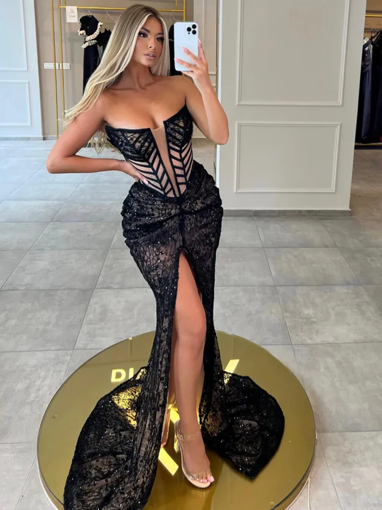 Women Celebrity Sexy Strapless Backless Lace Black Maxi Long  Dress 2024 Elegant Party Evening Stage Performance Outfit Vestido