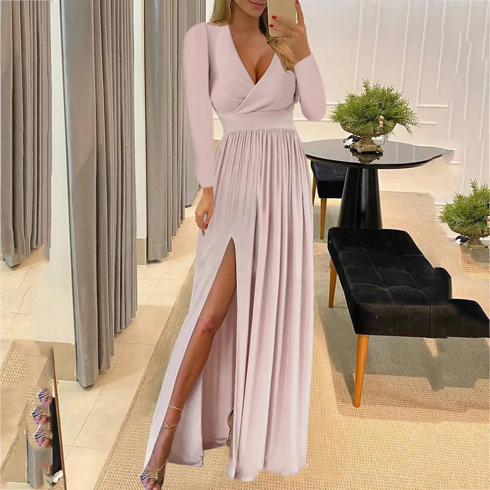 Women Sexy Evening Dresses Long Sleeve V-Neck Solid Color Dress Hem Split Irregular Prom Party Temptation Pleated Dresses Robe