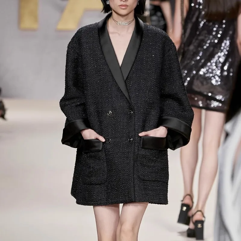 

Яркое шелковое пальто, женская светская осенне-зимняя новинка, черный свободный костюм, плотное пальто средней длины из грубого твида