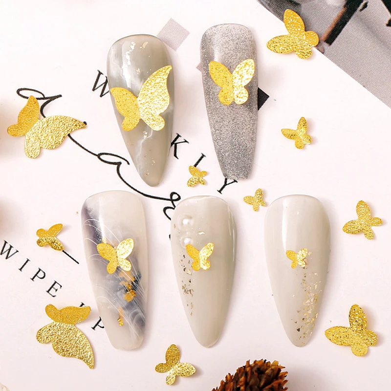 50PCS 3D Frosted Metal Butterfly Nail Art Charms Accessories Gold Silver Manicure Decor Nail Art Decoration Design Supplies Tool