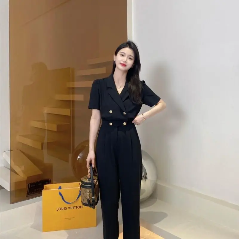 Women\'s Elastic Waist Jumpsuit, Japanese and Korean Style, Monochromatic, Large Suit, Spring, Summer