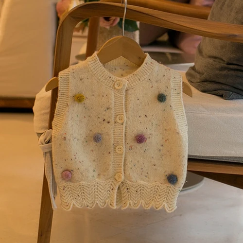 여아용 컬러풀한 볼 조끼, 귀여운 단추 카디건, 어린이 의류, 여아 패션, 키즈 의상, 니트웨어, 탱크탑, 2023 가을 신상 
