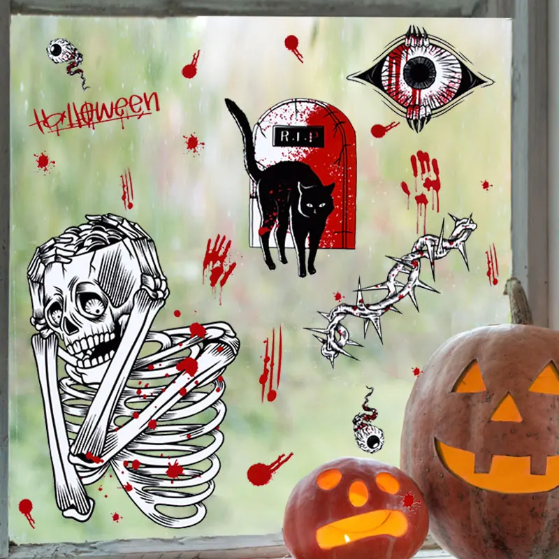 Halloween Static Sticker Bloody Handprint Skull Death Reaper Window Stickers Halloween Party Horror Haunted House Decor Props