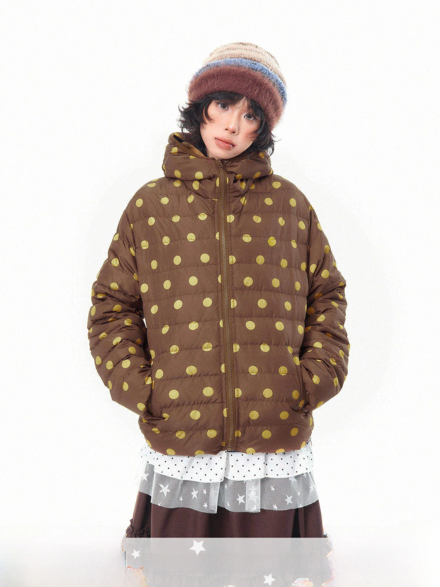 

MKGO Brown Polka Dot Print Hooded Lightweight down Jaet Women's Casual Warm Outerwear Du Feather Polyester Fiber