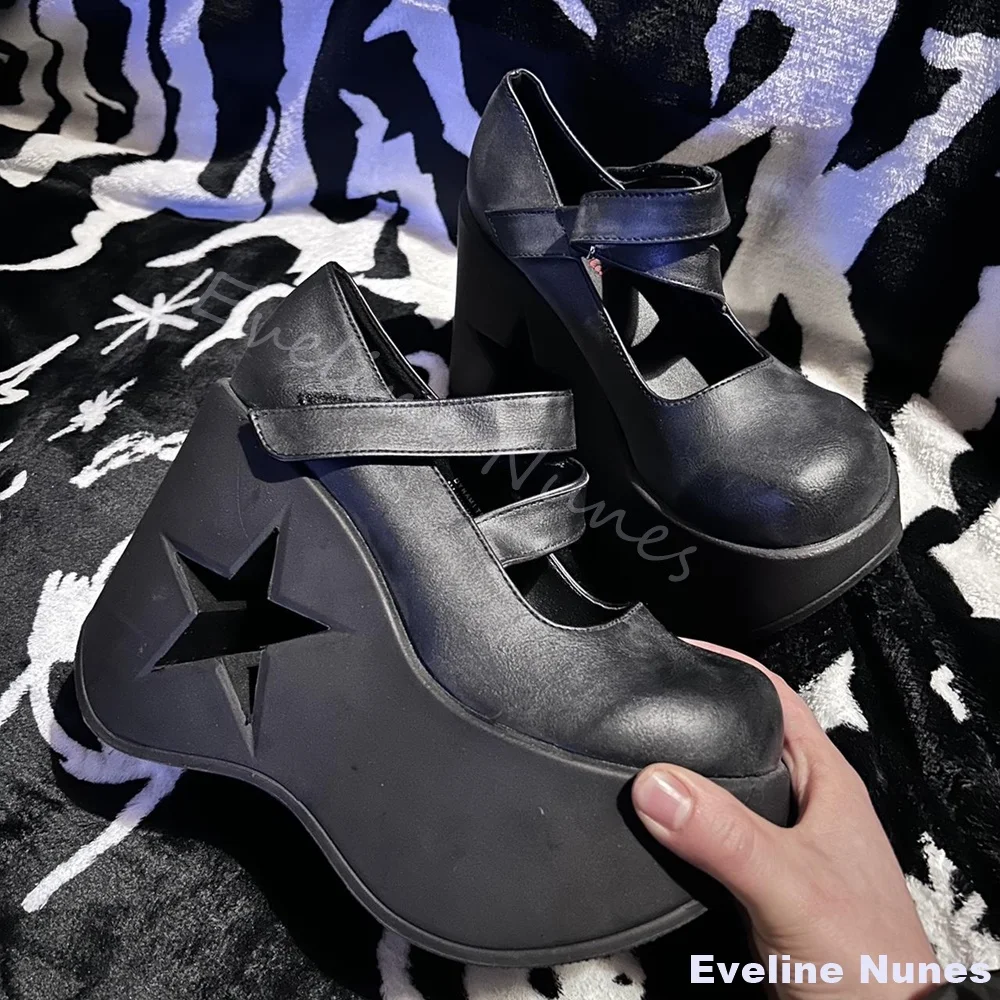 

Thick Soled Hollow Five-pointed Star Mary Jane Shoes Women Round Toe Platform Height-increasing Shoes New Fashion Design Sandals