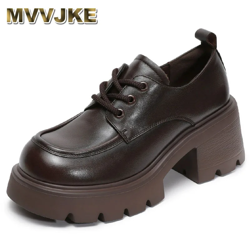 

Women High Heel Shoes Light Luxury Rubbing Color Genuine Cow Leather Chunky Platform Thick Heel Retro Casual Shoes