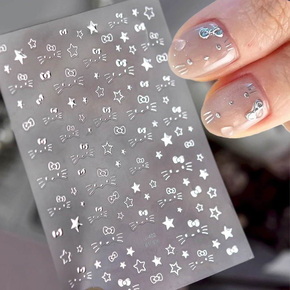 Calcomanías para uñas de Hello Kitty con lazo de estrella plateada 5D, pegatina con purpurina de Metal, cara de gato de gatito, deslizador de uñas con estrellas de cinco puntas, manicura DIY