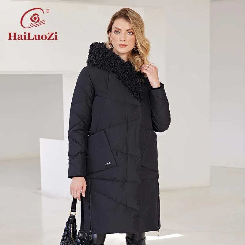 

HaiLuoZi 2022 New Winter Women's Jacket Long Thick Bio Cotton Pocket Hood Zipper Lamb Fur Female Clothing Parkas Women Coat 51