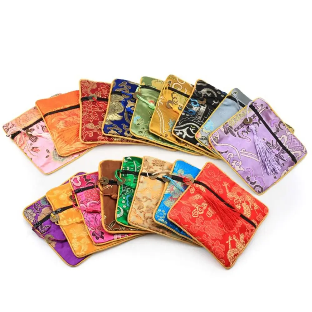 

Tassel Mini Embroidery Canvas Coin Purse Copper Cash Pendant Square Flower Jewelry Packing Bag Small Handbag Storage Bag
