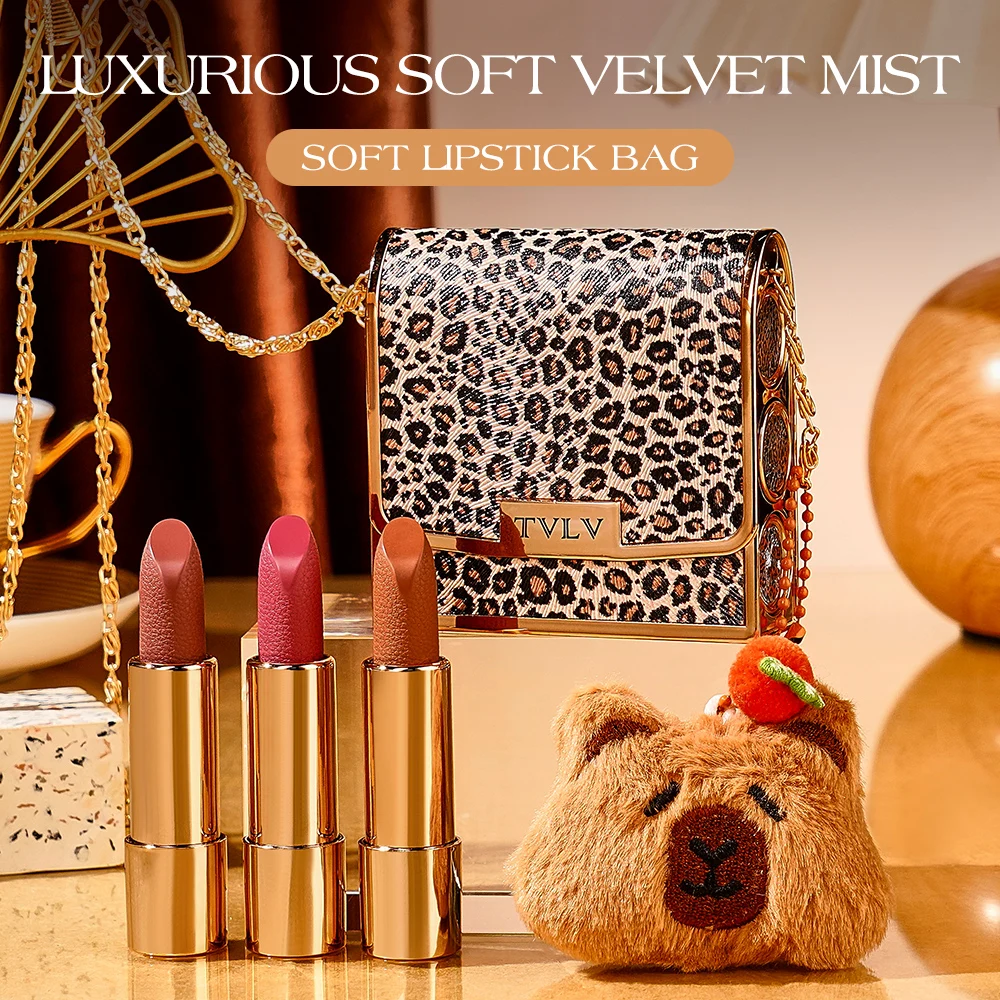 TVLV 3‑Colors Velvet Mist Lipstick Gift Set, Luxury Matte Lipstick Kit with Leopard Crossbody Bag Cute Bear Ornament