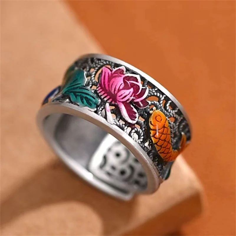 Ethnic Style Color Enamel Fish Lotus Ring For Women Jewelry Blessing Prajnaparamita Heart Sutra Ring Men Finger Accessories