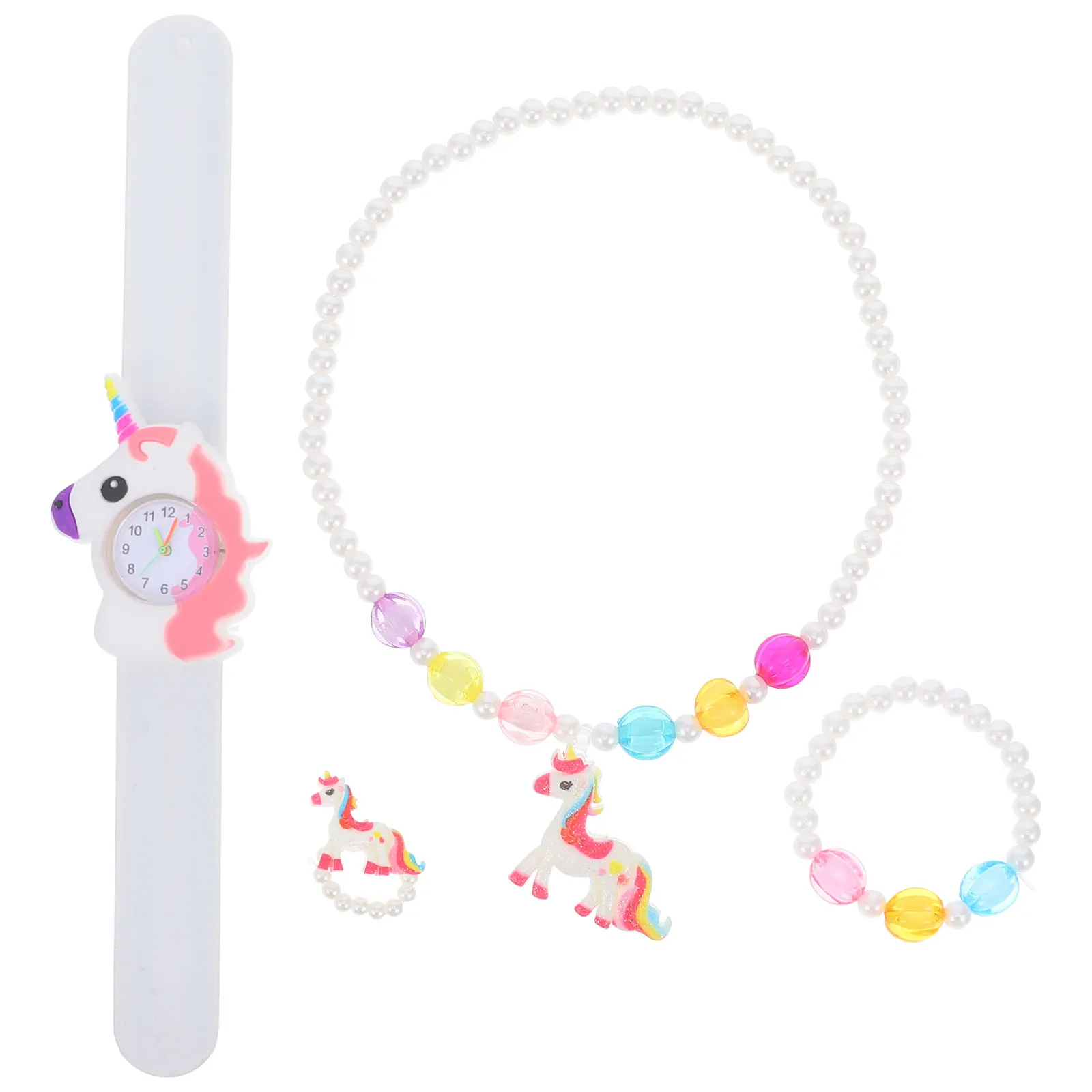 

1 Set Unicorn Pattern Slap Watch Bracelet Necklace For Girls Cute Digital Wristwatch Beads Design Adorable Jewelry Gift Set