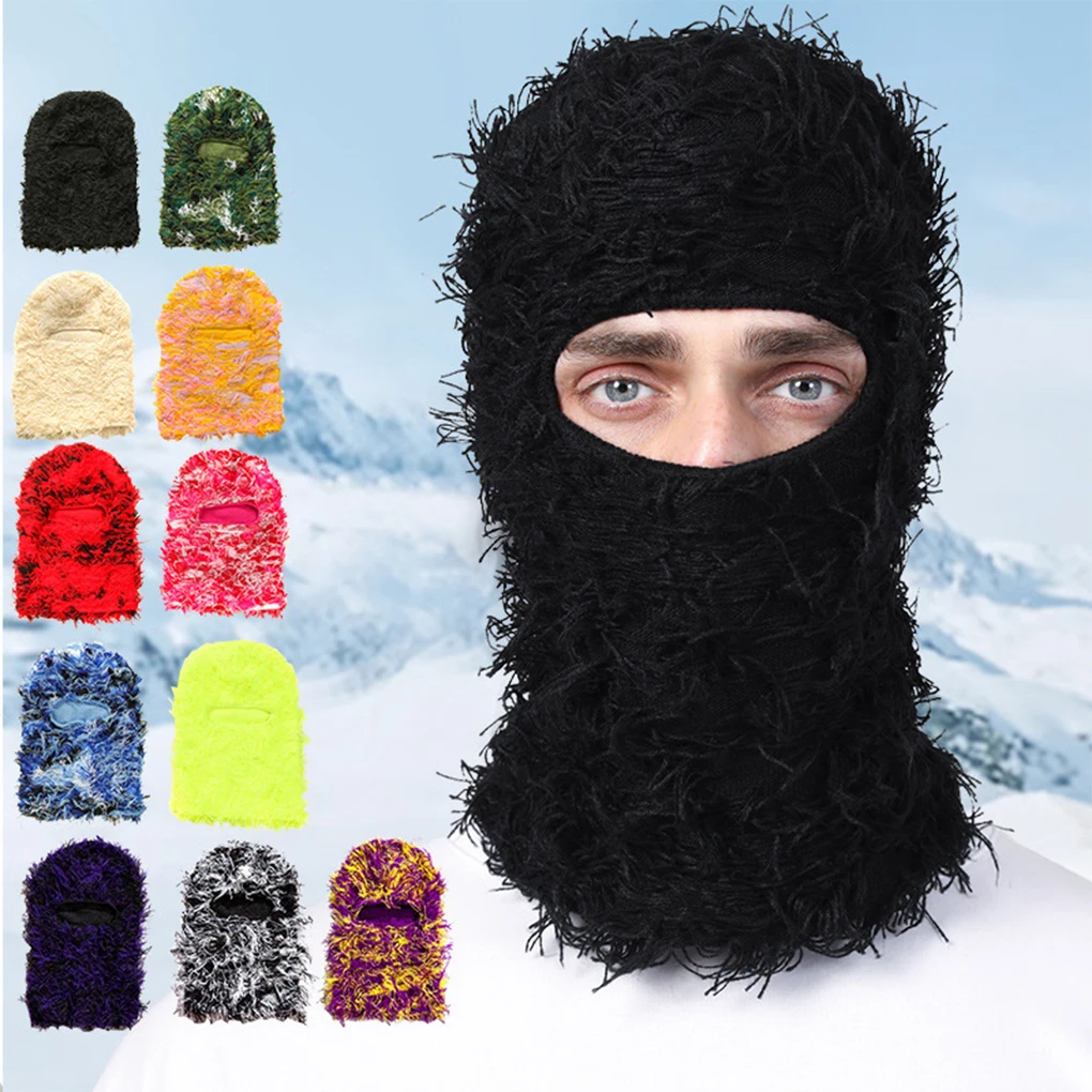 Máscara de esqui de rosto inteiro de malha angustiada para homens mulheres gorros chapéus crânios camuflagem inverno quente bonnet chapéus à prova de vento