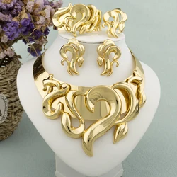 Large Jewelry Set for Wedding Bride Women Gold Plated Necklace Copper Collor Earrings Bracelet Ring African Jewelry Party Gift