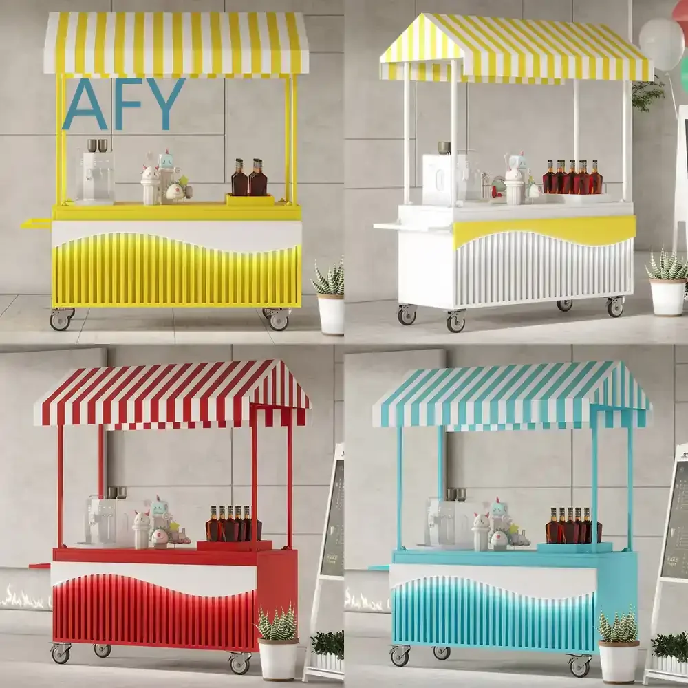 Wrought Iron Flower Car for Night Market Snack Stall Outdoor Mobile Trolley for Food Cart Market Vendor Display Stand