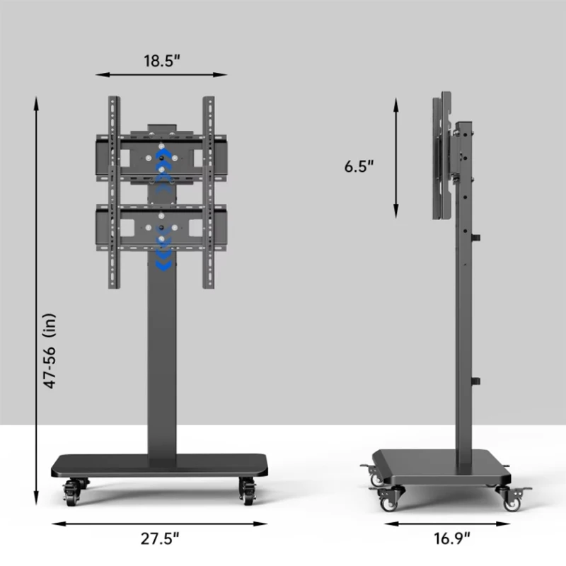 Mobile TV Floor Stand Rolling TV Cart with Wheels for 90° Rotation 32-65 In Portable FloorTrolley with Shelf Height Adjustable