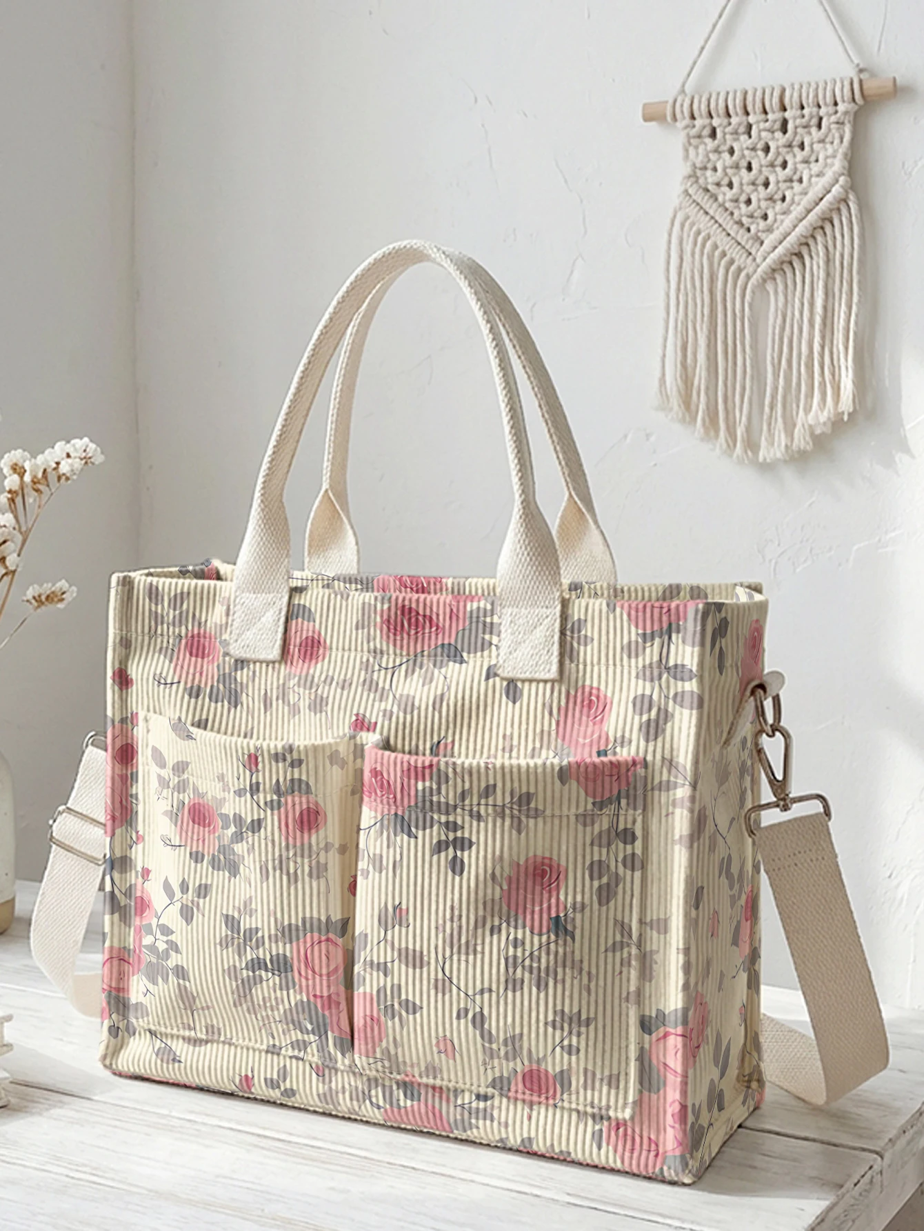 

Vintage Pink Rose Floral Print Corduroy Tote Bag Large Capacity Multi Pocket Commuter Shoulder Bag