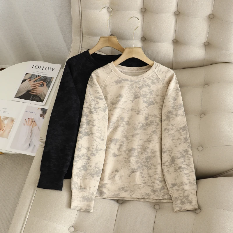 

Women's new autumn and winter tie-dye ink painting round neck long sleeve sweatshirt casual loose commuter basics top