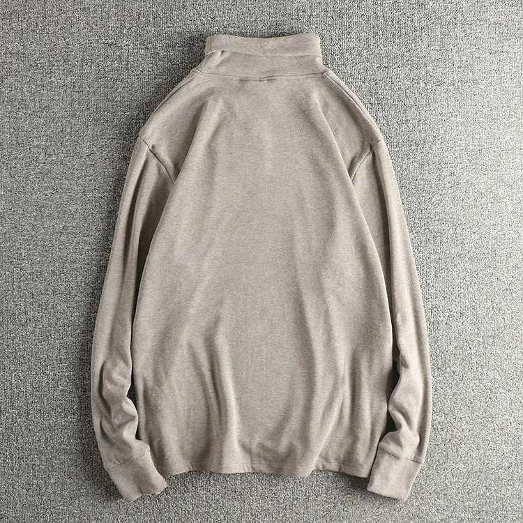 2026 Autumn New American Retro Long Sleeve High-neck Knitted Fleece Keep Warm T-shirt Men's Fashion Simple Washed Casual Tops