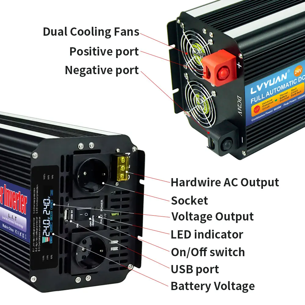 Imagem -03 - Lvyuan-inversor do Sistema de Energia Solar Conversor Fora da Rede Display Lcd Carro Barco Inversor de Bateria de Viagem 10000w Dc12v 24v a 220v ac