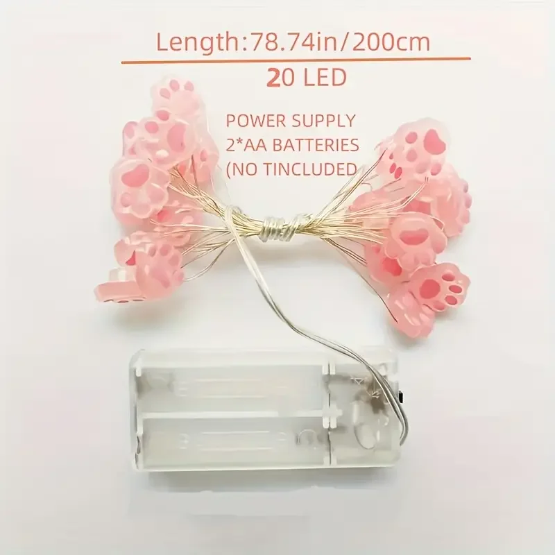 1pc 2M 20LED Pink Cute Cat Paw String Light Hanging Decorative Copper Wire Fairy Lamps Battery Powered For Home Bedroom Decor