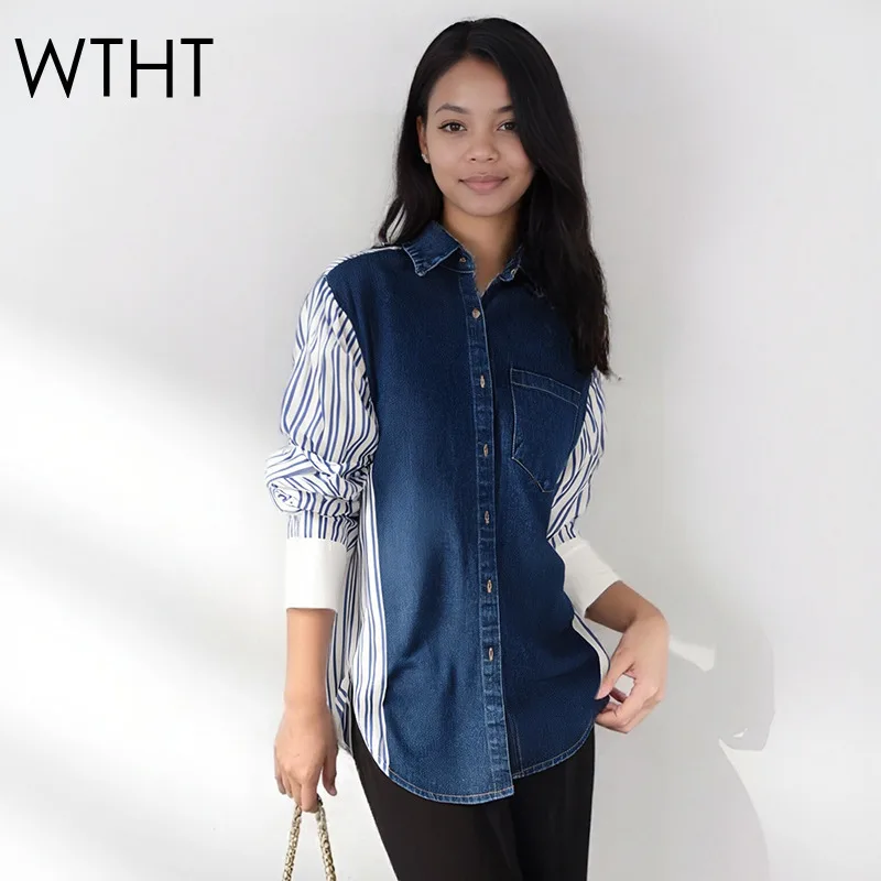 

WTHT модная женская свободная рубашка в полоску с нерегулярным принтом, лето 2022, блузка с длинными рукавами и лацканами, женская 1LS2173
