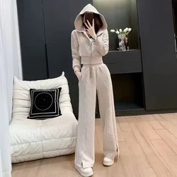 Top and Pant Sets for Women 2 Pieces Sport Tracksuit Hooded Apricot Sweatshirt Wide Leg Trousers Woman Bottom Korea Stylish Full