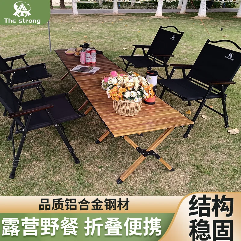 Outdoor Folding Table Portable Aluminum Alloy Egg Roll Table Picnic Table and Chair Set Camping Full Set of Equipment