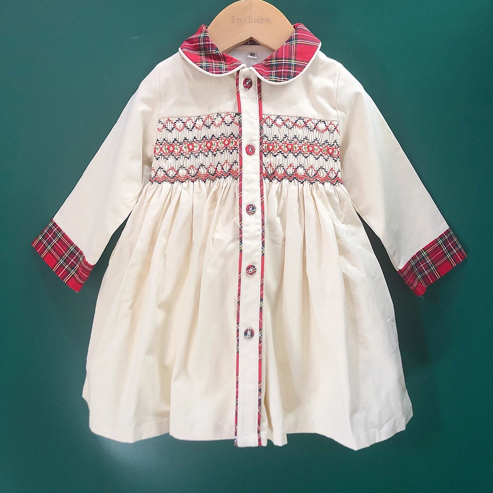 Children Christmas Clothing Boys and Girls Handmade Smocking Set and Dress Siblings Red Plaid Cotton Long Sleeve Holiday Outfits