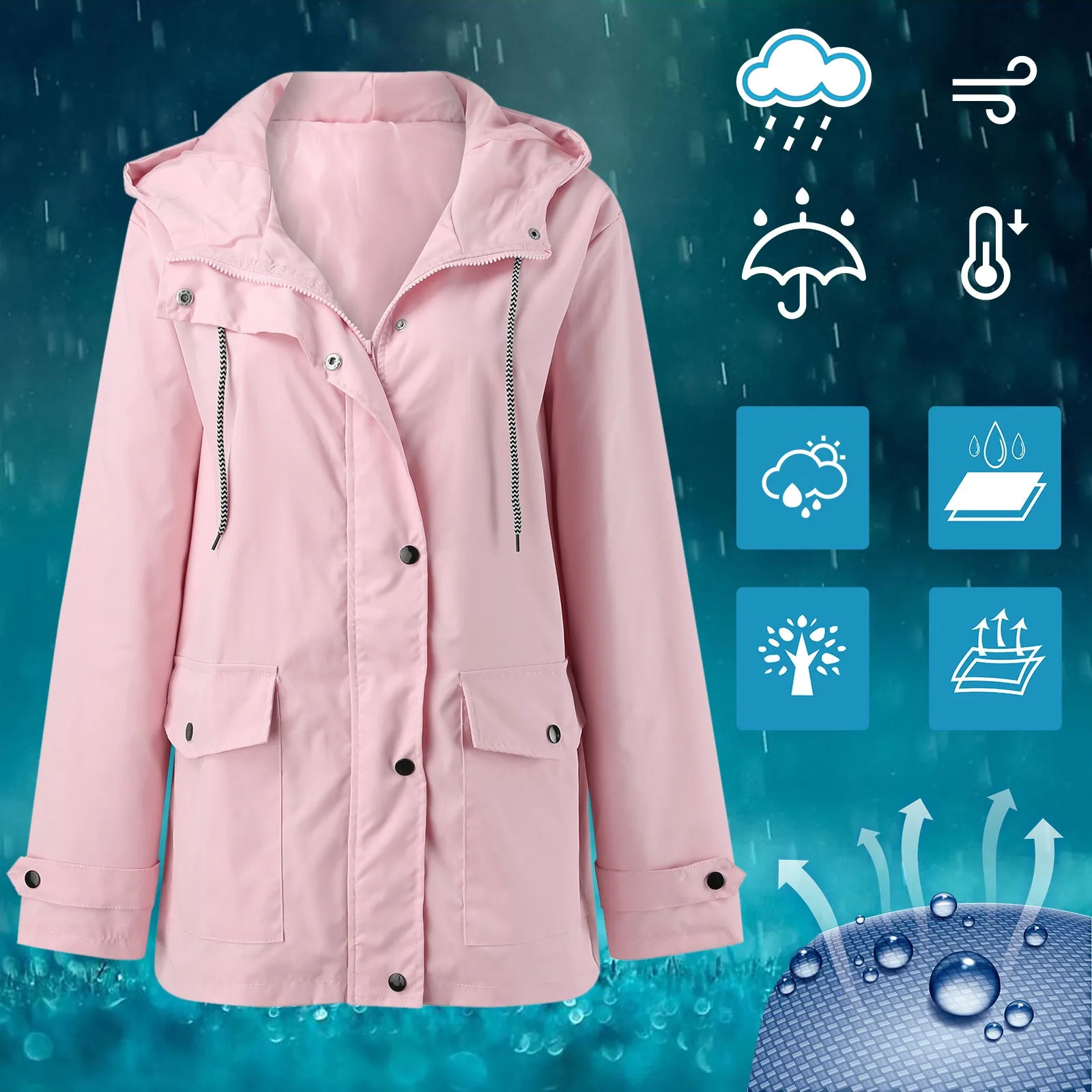 

Waterproof Raincoat Woman Hoodie Rain Watertight Coat Solid Pockets Zipper Jacket Outdoor Windproof Rain Jacket Parkas Outerwear