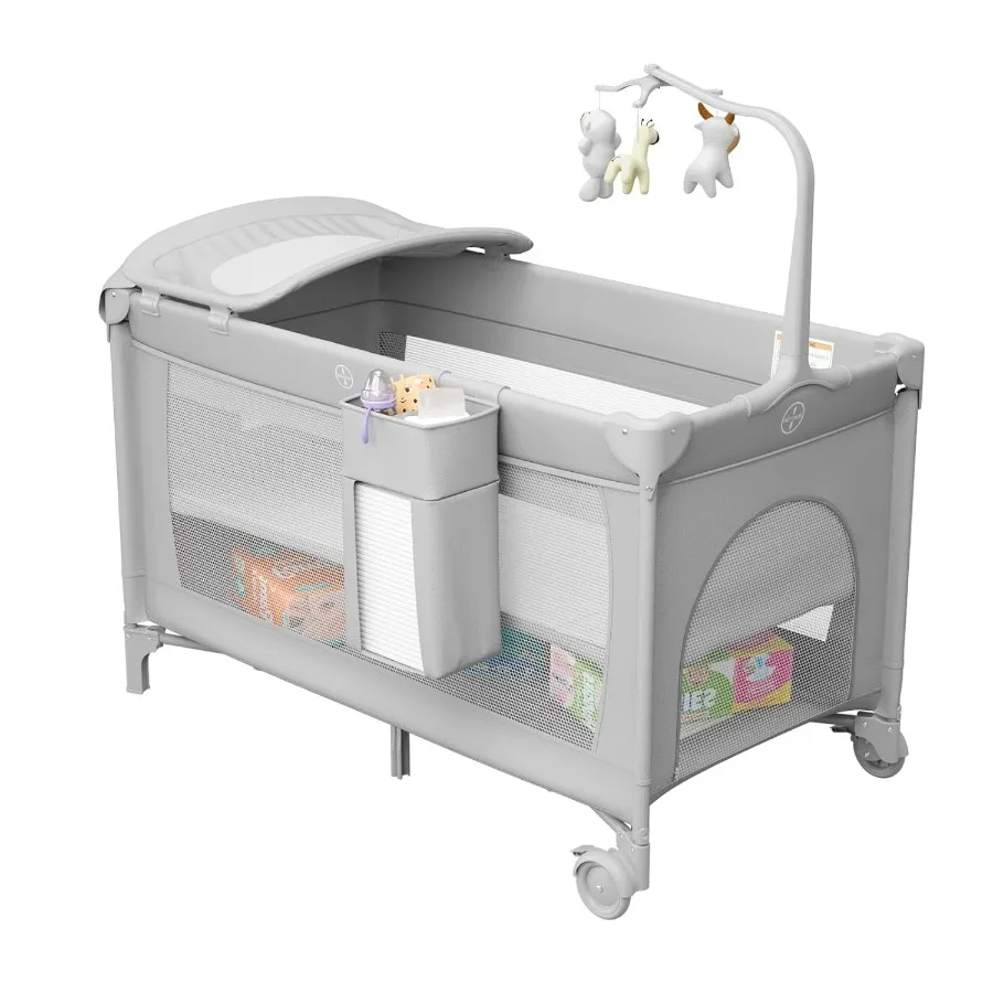 

Многофункциональный манеж-кровать 4-в-1 с пеленальным столиком, органайзером для подгузников, матрасом, складная люлька, приставная кроватка, портативная большая дорожная кроватка