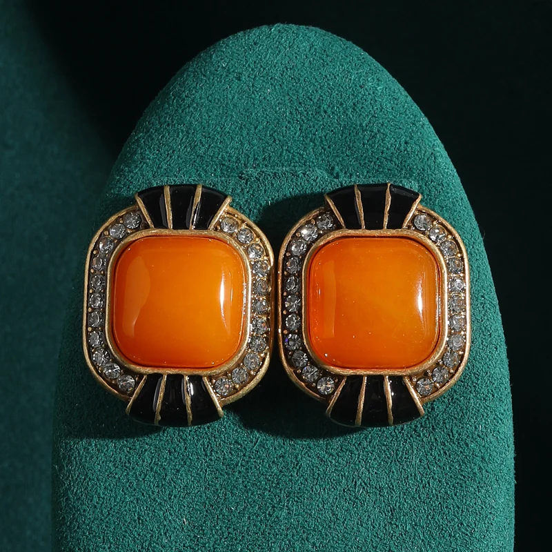 

Vintage Yellow Orange Natural Stone Stud Earring Candy Rhinestone Gold Color Quality Woman Accessories Luxury Designer Jewelry