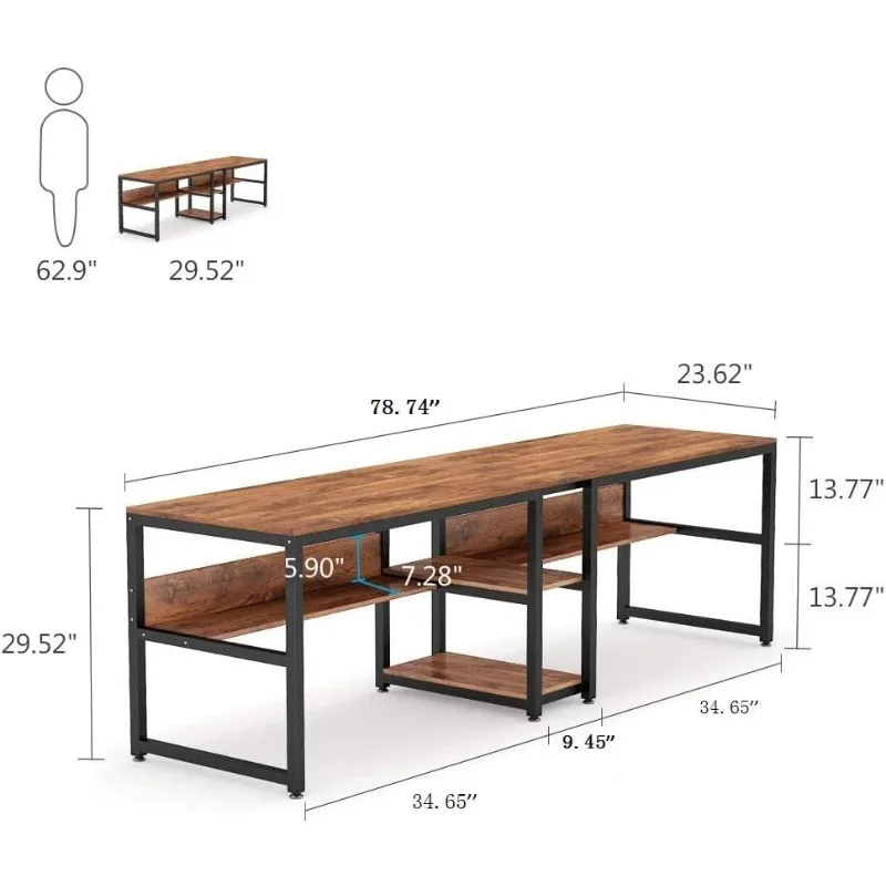 Bureau double avec étagère, bureau d'ordinateur double 78.7, bureau d'écriture de style rustique, poste de travail avec étagère