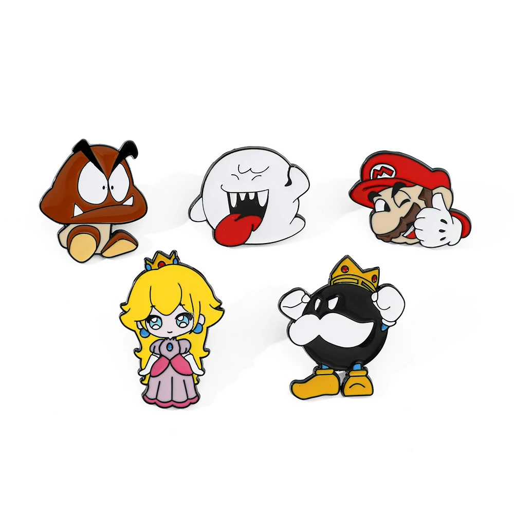 5 Pcs Cartoon creative Mario Alloy brooch decorated with Super Mario game character Princess Peach Little monster Metal badge