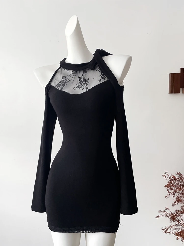 Feminino preto gótico bodycon vestido de noite vintage fora do ombro manga longa vestidos de luxo y2k uma peça vestidos 2000s roupas