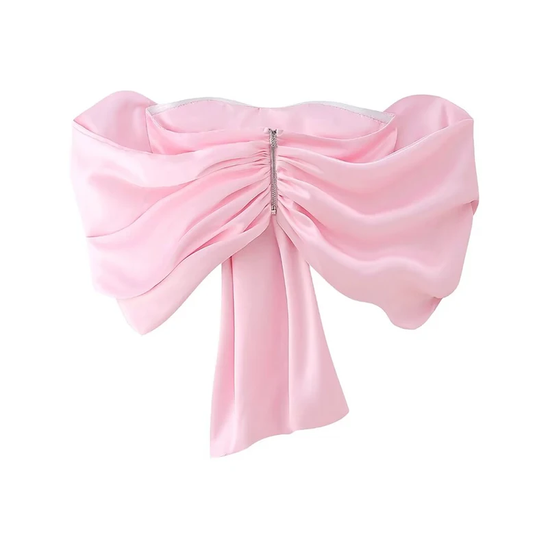 YENKYE Sweet Pink Satin Bow Irregular Tops For Women Sexy Off Shoulder Backless Crop Top New 2024 Lady High Street Party Tops