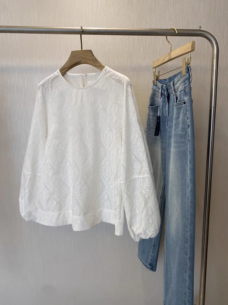 

2025 Spring Autumn Embroidered Jacquard Lantern Sleeve Shirt Tops Women's O-Neck Pullover Tops Holiday Boho Casual Beach Shirt