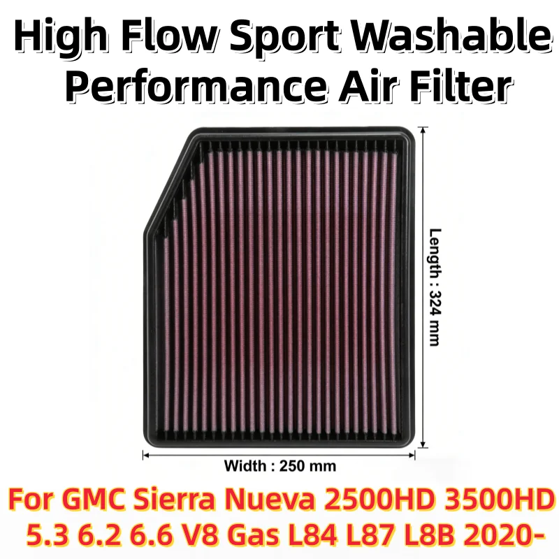 

For GMC Sierra Nueva 2500HD 3500HD 5.3 6.2 6.6 V8 Gas L84 L87 L8B 2020- High Flow Sport Washable Performance Air Filter 33-5083