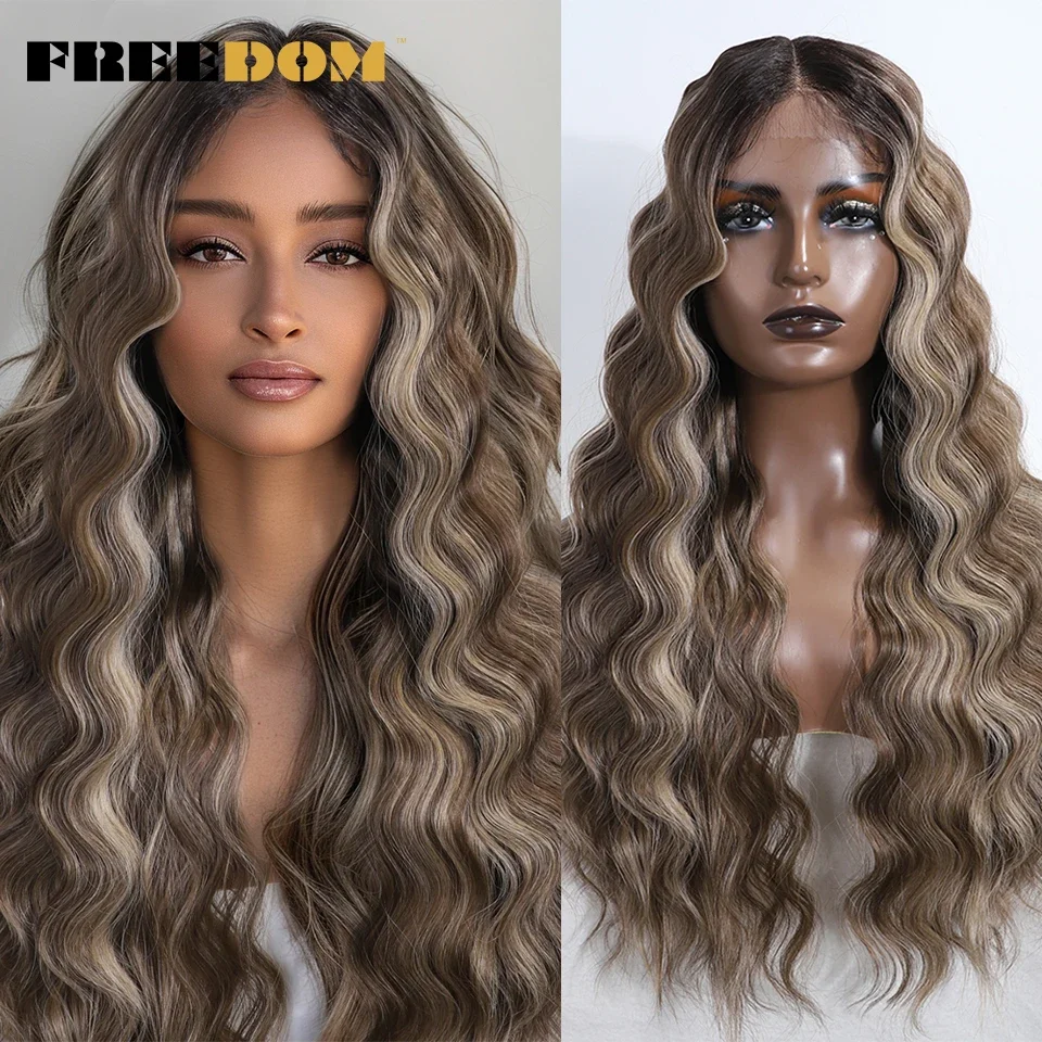 FREEDOM Syntetyczna koronka przodu peruki dla kobiet 28 cali LLong oose Body Wavy Lace Wig Ombre Brown Blonde White Wig Cosplay Wigs