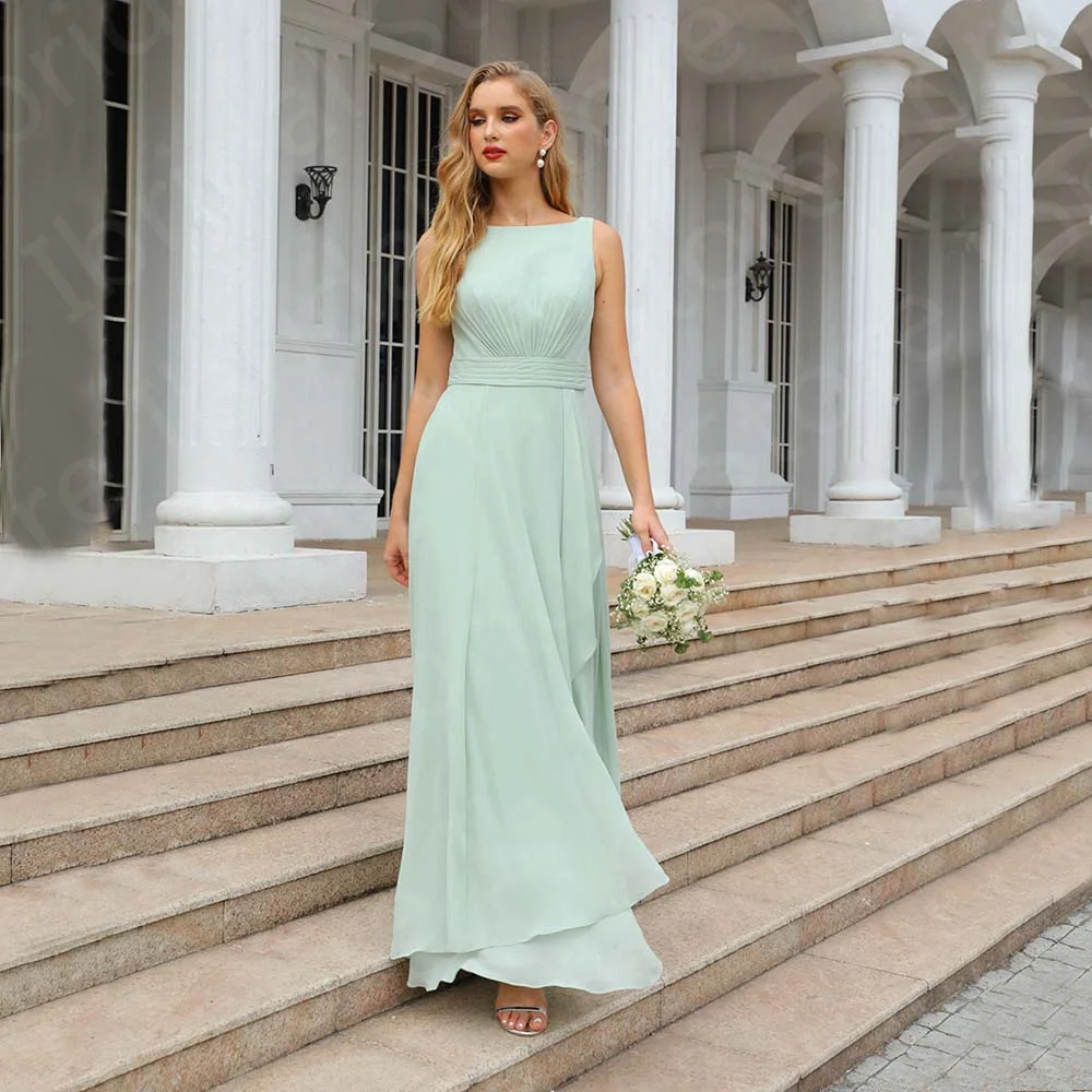 

Hot Sale Charming Mint Bridesmaid Dresses Floor Length Boat Neckline Maid of Honor Gowns Sleeveless Wedding Party Back Out