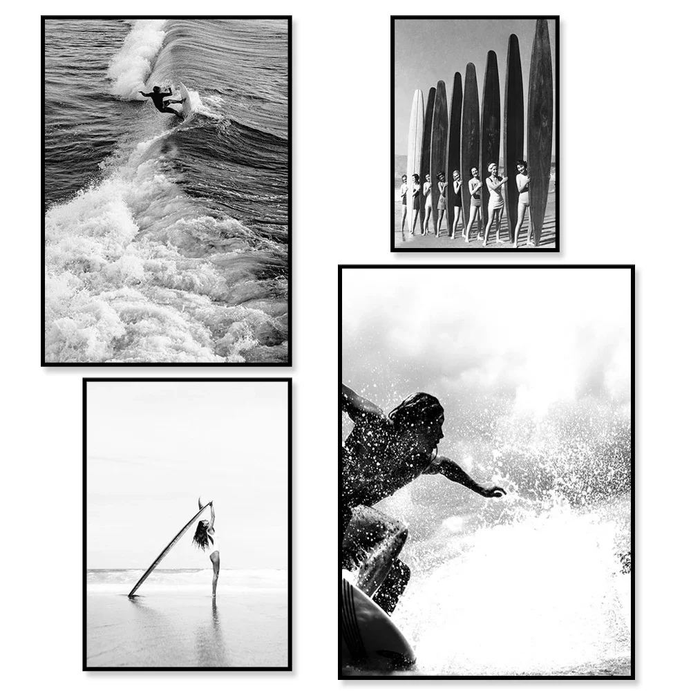 Black and white surfboard print, lineup of surfer girls, surfer carrying a surfboard across the beach, poster for surfer lovers