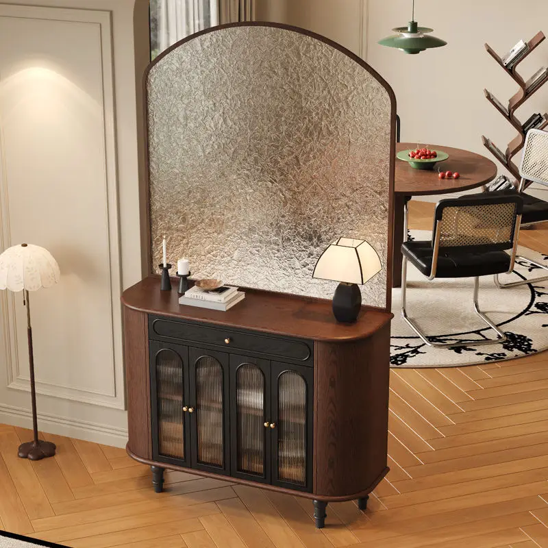 

French solid wood porch cabinet, living room integrated storage cabinet facing the door, water ripple screen partition cabinet