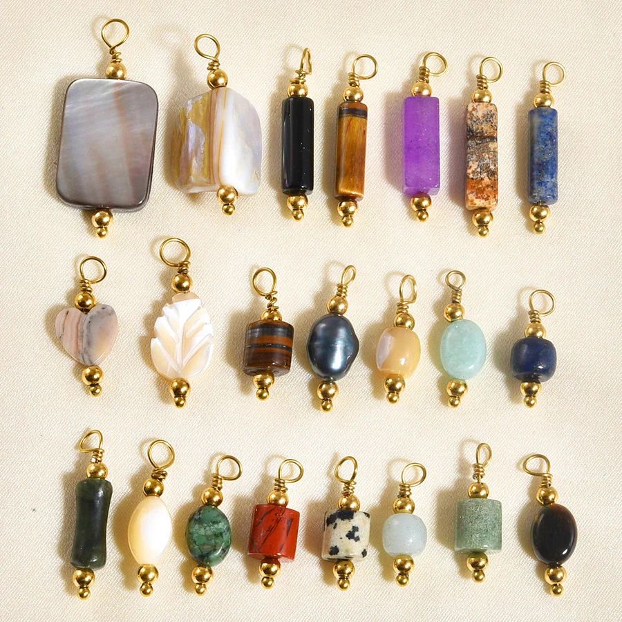 2 Stück natürliche Perlen-Steinanhänger für Schmuckherstellung, Vintage-Ethno-Anhänger, Obsidian, Blaustein, Tigerauge, Charm-Materialien – Detail 1