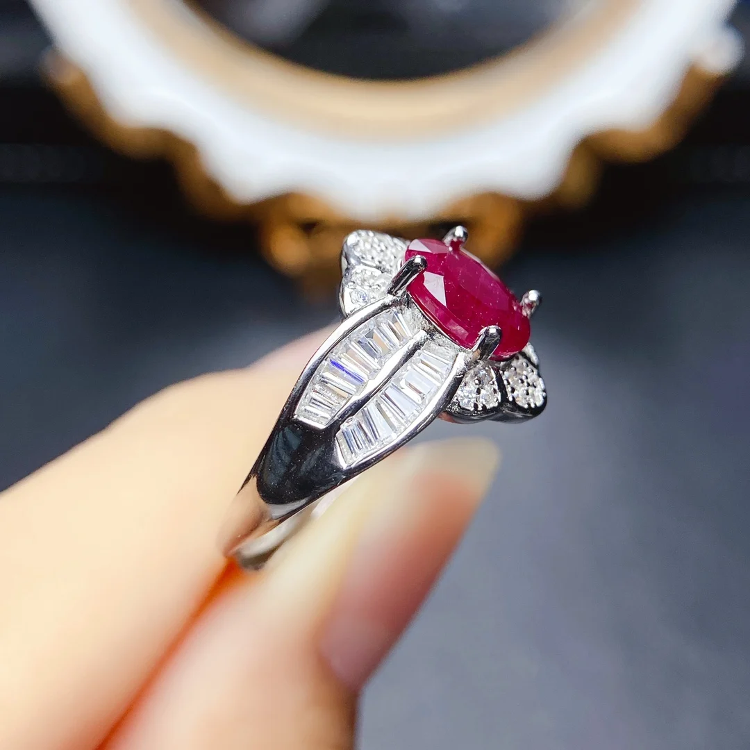 FS S925 Sterling Silver Inlay 6*8mmNatural Ruby Ring Certificate Fashion Fine Charm Weddings Jewelry for Women MeiBaPJ