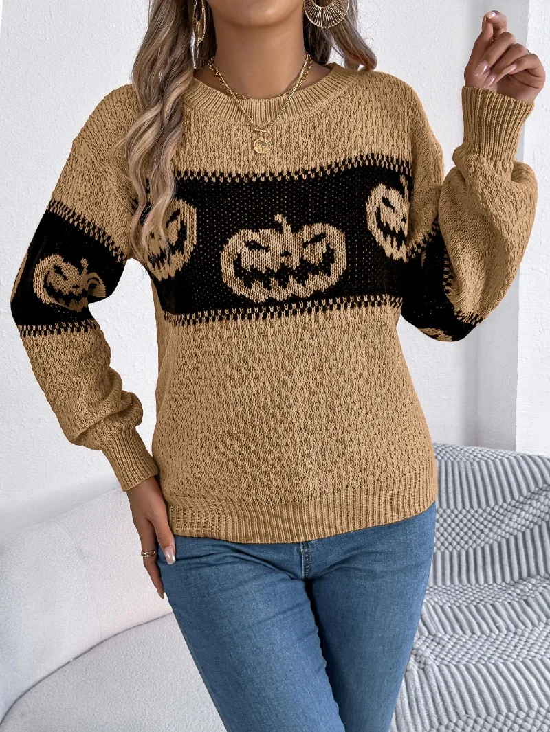 Casual Loose Halloween Ghost Pumpkin Autumn/Winter Knitted sweater Winter Women\'s Tops New contrasting long sleeve pullover